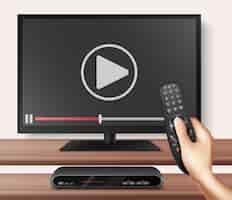 Free vector modern television technology realistic background with smart tv  and remote controller in human hand stopping video transmission vector illustration