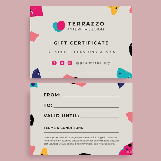 Modern terrazzo interior design gift certificate template