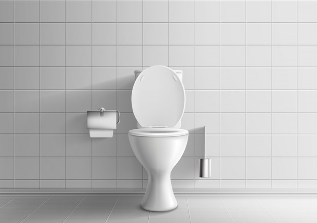 Modern toilet room interior 3d realistic vector mockup with tiled walls and floor