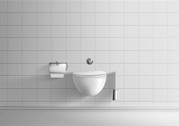 Modern toilet room minimalistic interior realistic vector mockup with white tiled walls and floor