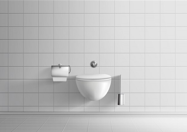 Современная туалетная комната минималистичный интерьер реалистичный вектор макет с белыми плиточными стенами и полом