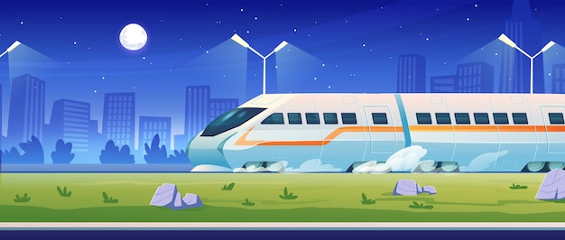 Modern train on night cityscape background suburban electric railroad transport contemporary high speed locomotive city railway commuter transportation vehicle side view cartoon vector illustration