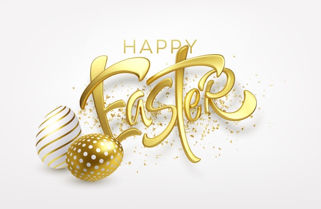 Modern trendy Golden metallic shiny typography Happy Easter on a background of easter eggs