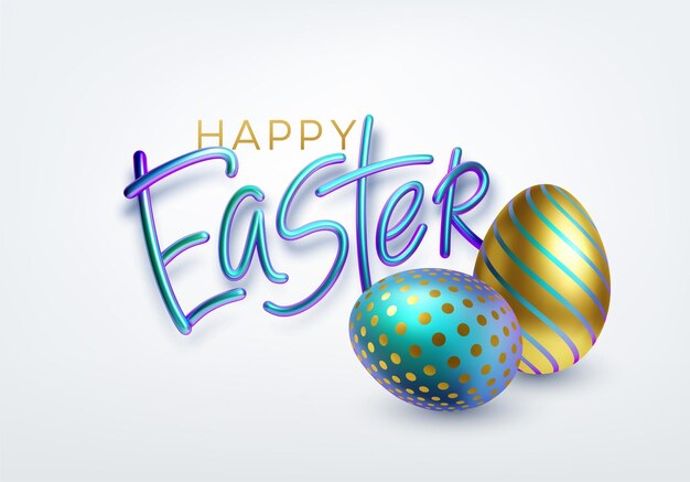 Modern trendy Golden metallic shiny typography Happy Easter on a background of easter eggs