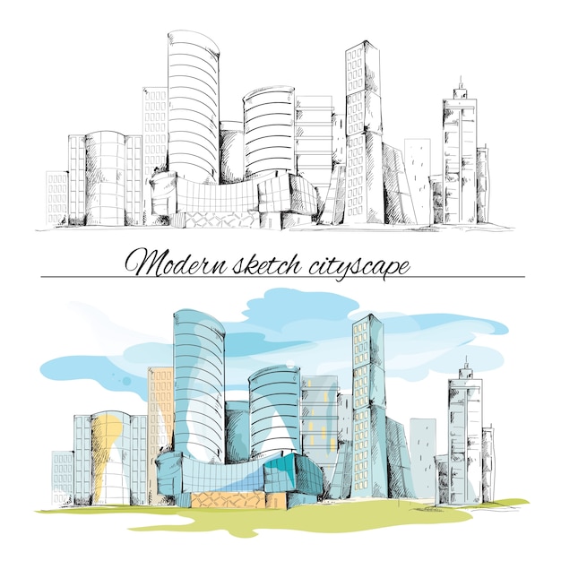 現代の都市スケッチを構築する手描きの街並みベクトル図を描いた