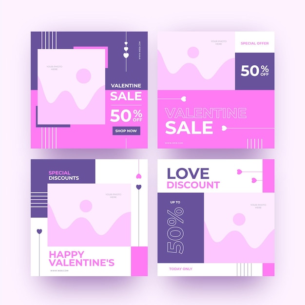 Free vector modern valentine's day sale posts pack