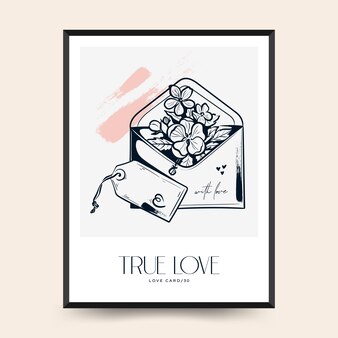 Modern valentines day vertical flyer or poster template love hand drawn trendy illustration