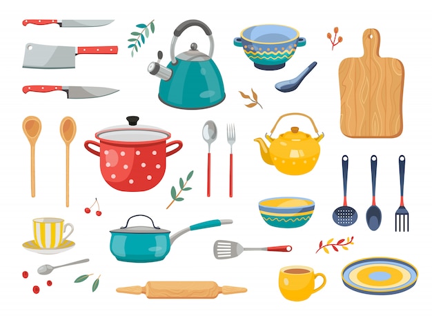 Современные различные кухонные инструменты плоский значок набор