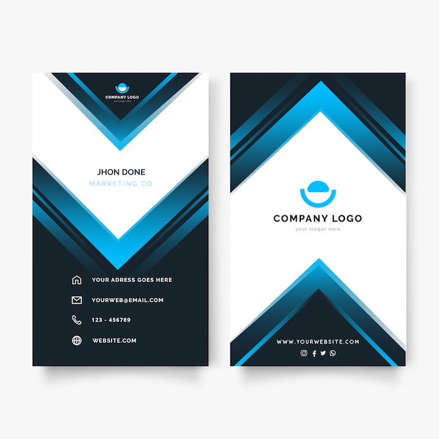 Modern vertical business card with blue shapes