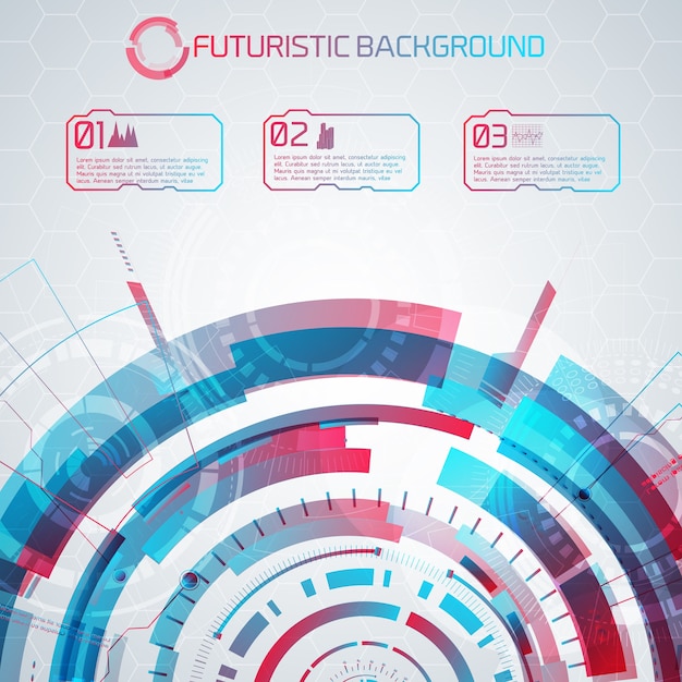 Futuristic semicircle and numbered touch buttons with pictograms and captions for modern virtual technology background