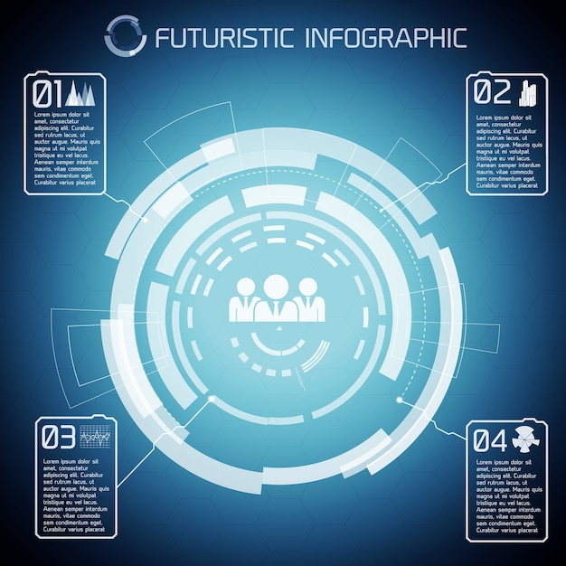 Vettore gratuito sfondo di tecnologia virtuale moderna con cerchi touch screen didascalie pittogrammi infografici di persone