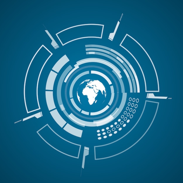 Бесплатное векторное изображение Современный виртуальный технологический плакат с изображением карты мира белого цвета и различных технологических элементов, форм на темно-синем