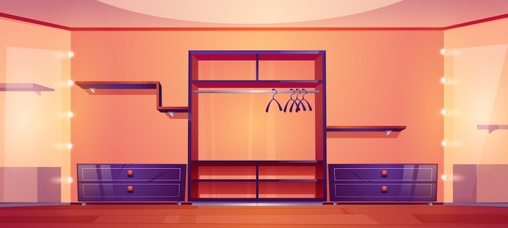 Free Vector modern walk in closet with wardrobe and shelves for clothes