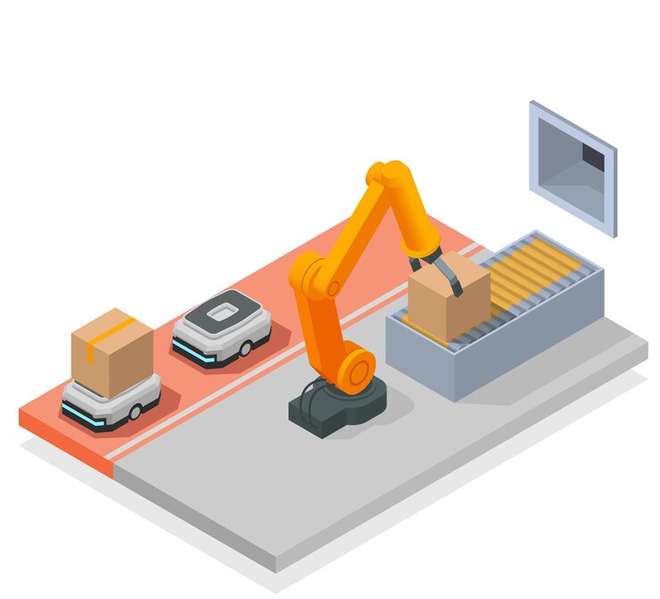 Free Vector modern warehouse colored isometric composition automated room in the warehouse with robotic arm and trucking vector illustration