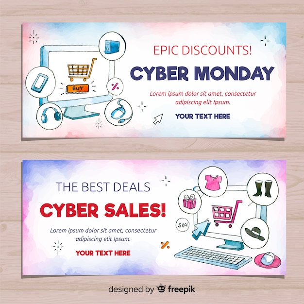 Free vector modern watercolor cyber monday banners