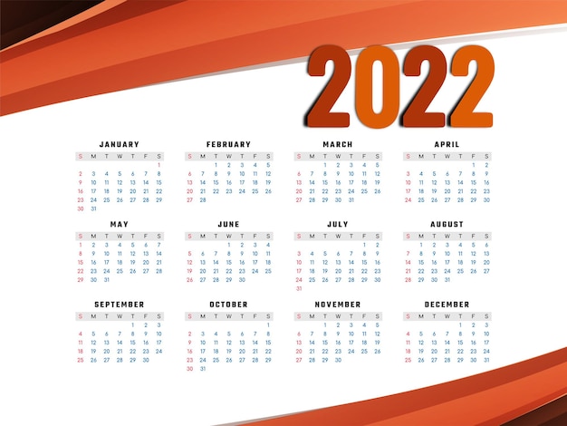 Free vector modern wave new year 2022 calendar design vector