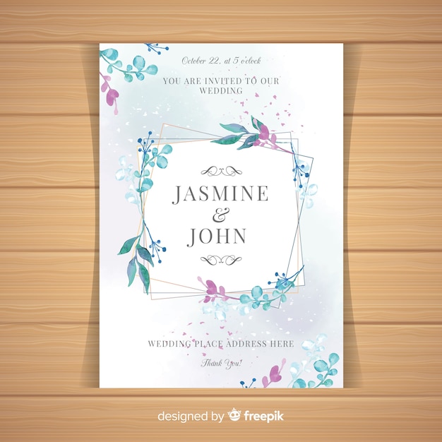 Modern wedding card with watercolor leaves