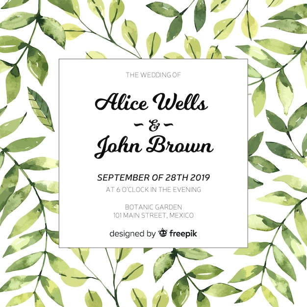 Free vector modern wedding card with watercolor leaves