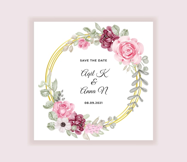 Free vector modern wedding invitation card with beautiful flowers wreath