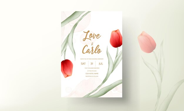 Modern wedding invitation card with beautiful red tulip flower