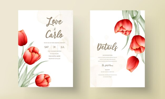 Modern wedding invitation card with beautiful red tulip flower