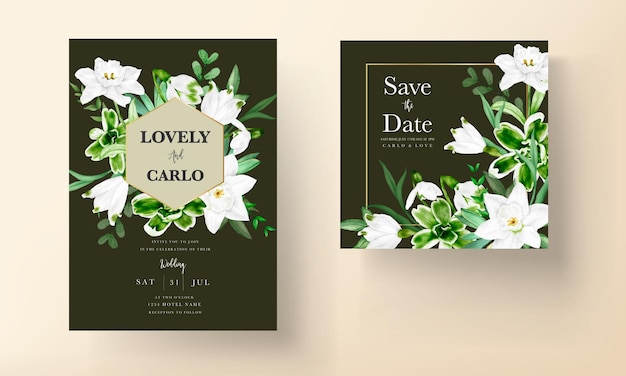 緑の花の水彩画とモダンな結婚式の招待カード