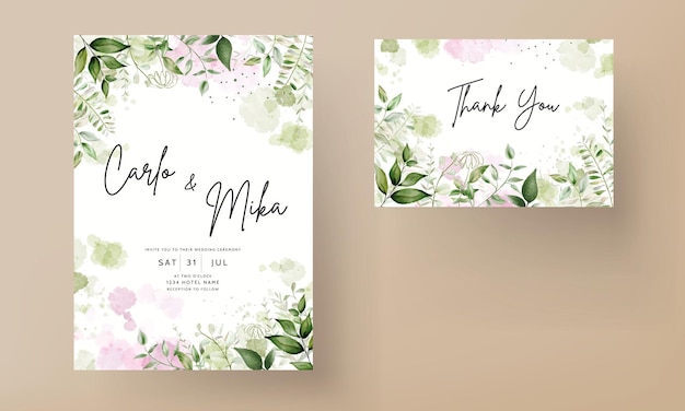 Modern wedding invitation card with watercolor leaves