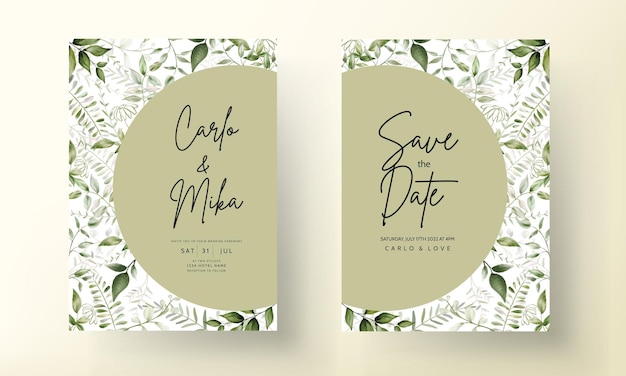 Modern wedding invitation card with watercolor leaves