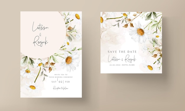 Modern wedding invitation template with vintage daisy flower