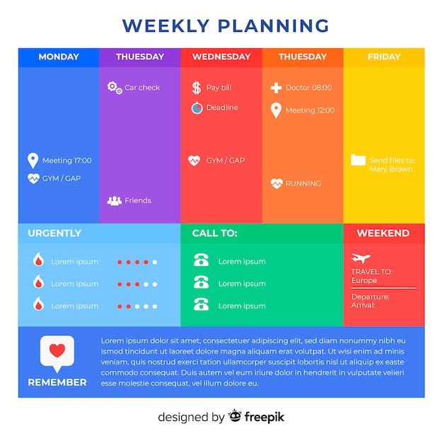 Free vector modern weekly planner template with flat design