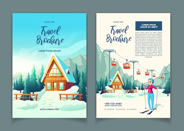 Free vector modern winter resort cartoon  ad brochure, promo flyer template