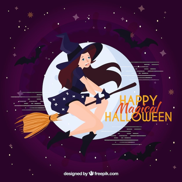 Free vector modern witch flying on broom