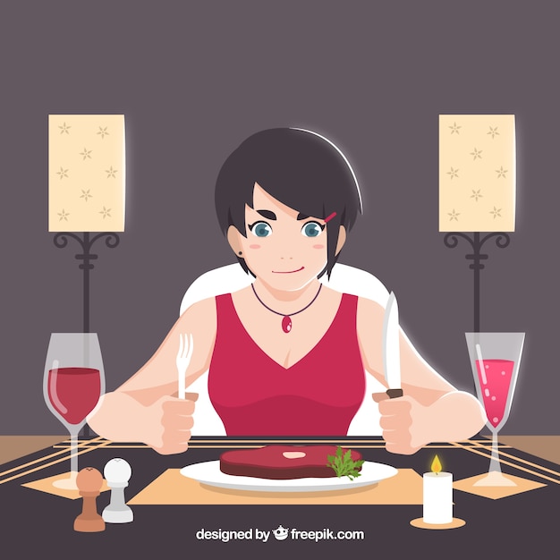 무료 벡터 스테이크를 먹는 현대 여성