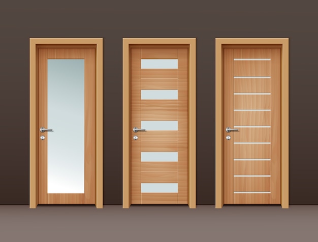 Free vector modern wooden doors with glass in eco-minimalism style on wall of brown color