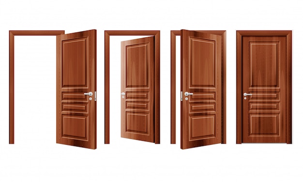 Modern wooden opened and closed door in different positions realistic set isolated illustration