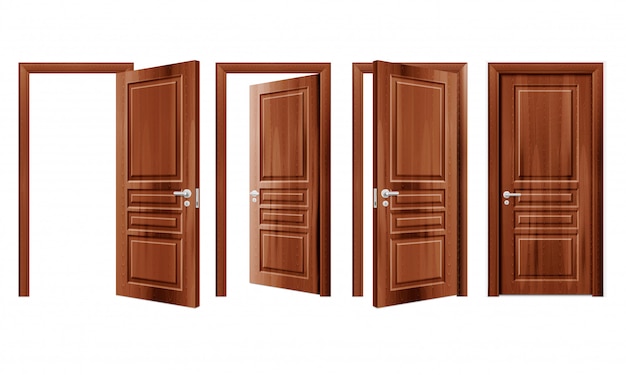 Современные деревянные открытые и закрытые двери в разных позициях реалистичный набор изолированных Иллюстрация