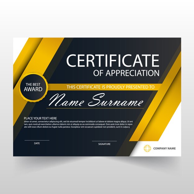 Modern yellow and black horizontal certificate of appreciation