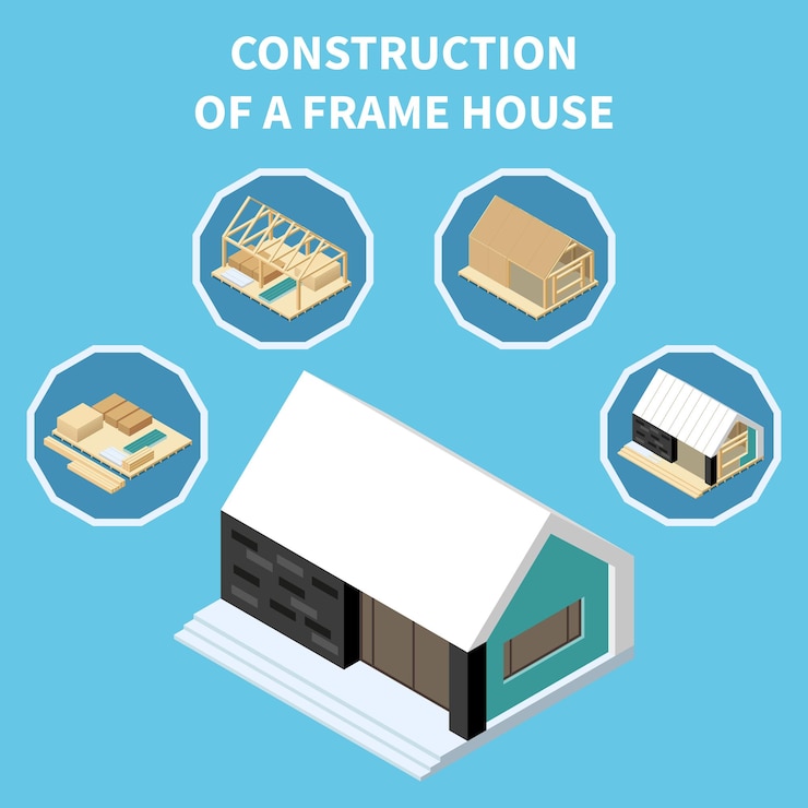 Free Vector modular building isometric concept with steps of frame house construction vector illustration