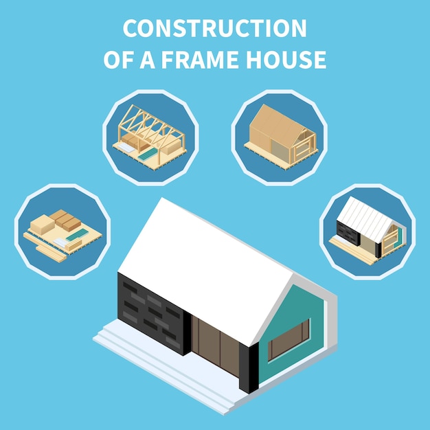 無料ベクター フレームハウス建設ベクトルイラストのステップを備えたモジュラービルディングアイソメトリックコンセプト