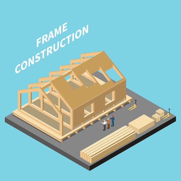 Concetto isometrico della costruzione modulare con l'illustrazione di vettore del cantiere della struttura in legno