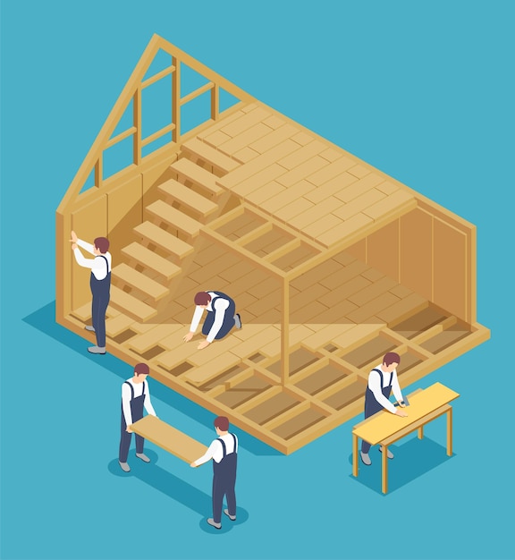 Free vector modular frame building isometric composition with characters of workers and view of living house under construction