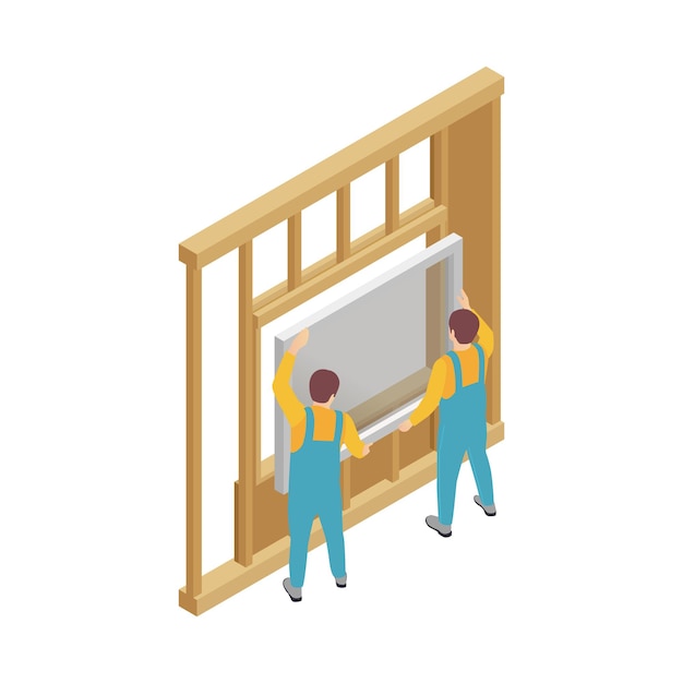 Free vector modular frame building isometric composition with human characters of workersinstalling window