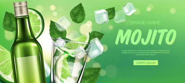 Mojito bottle and glass with liquor, lime and ice
