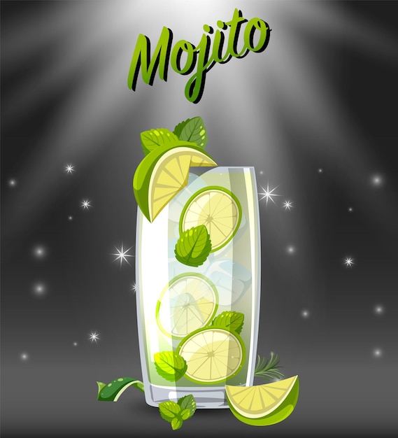 Free vector a mojito cocktail in the glass on sparkling background