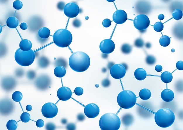 Molecule design background. Atoms. 3d molecular structure with blue connected spherical particles.