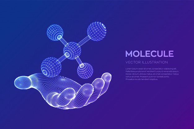 Molecola in mano. dna, atomo, neuroni. molecole e formule chimiche.