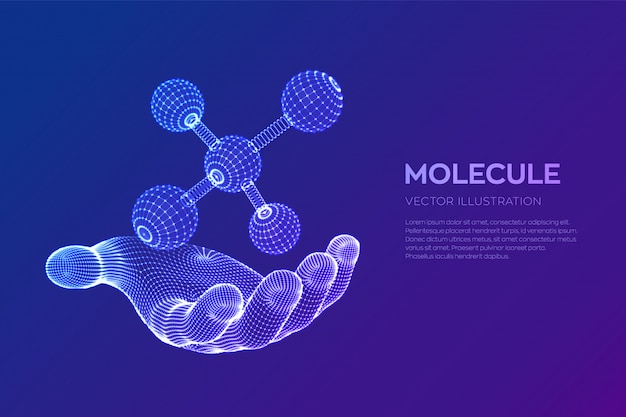 Molecule in hand. Dna, atom, neurons. Molecules and chemical formulas.