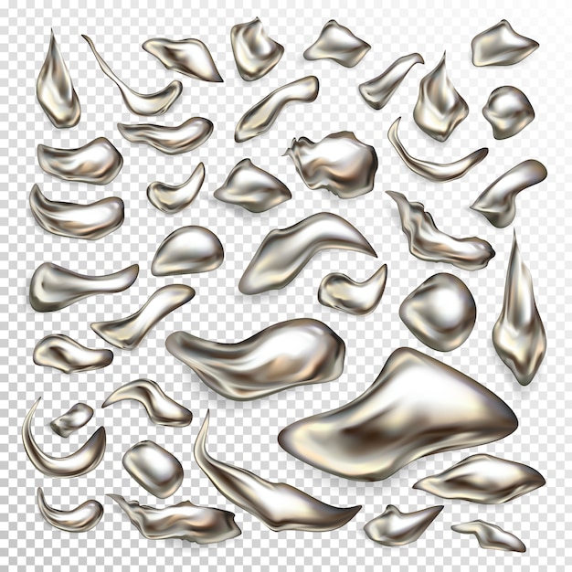 Molted precious metal drops, liquid silver blots, mercury swirls 3d realistic vector set 