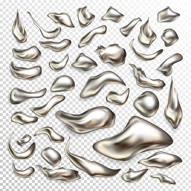 Литые драгоценные металлические капли, жидкие серебряные пятна, ртутные сучки 3d реалистичный набор векторных