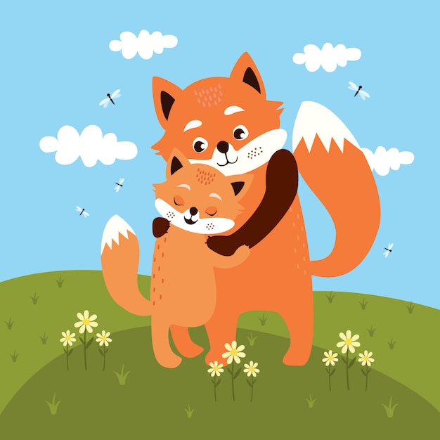 Free vector mom and baby fox hug in the meadow